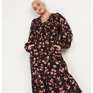 Old Navy Midi Maxi Dress Size 2x Ditsy Floral  Prairie Boho Whimsigoth Smocked